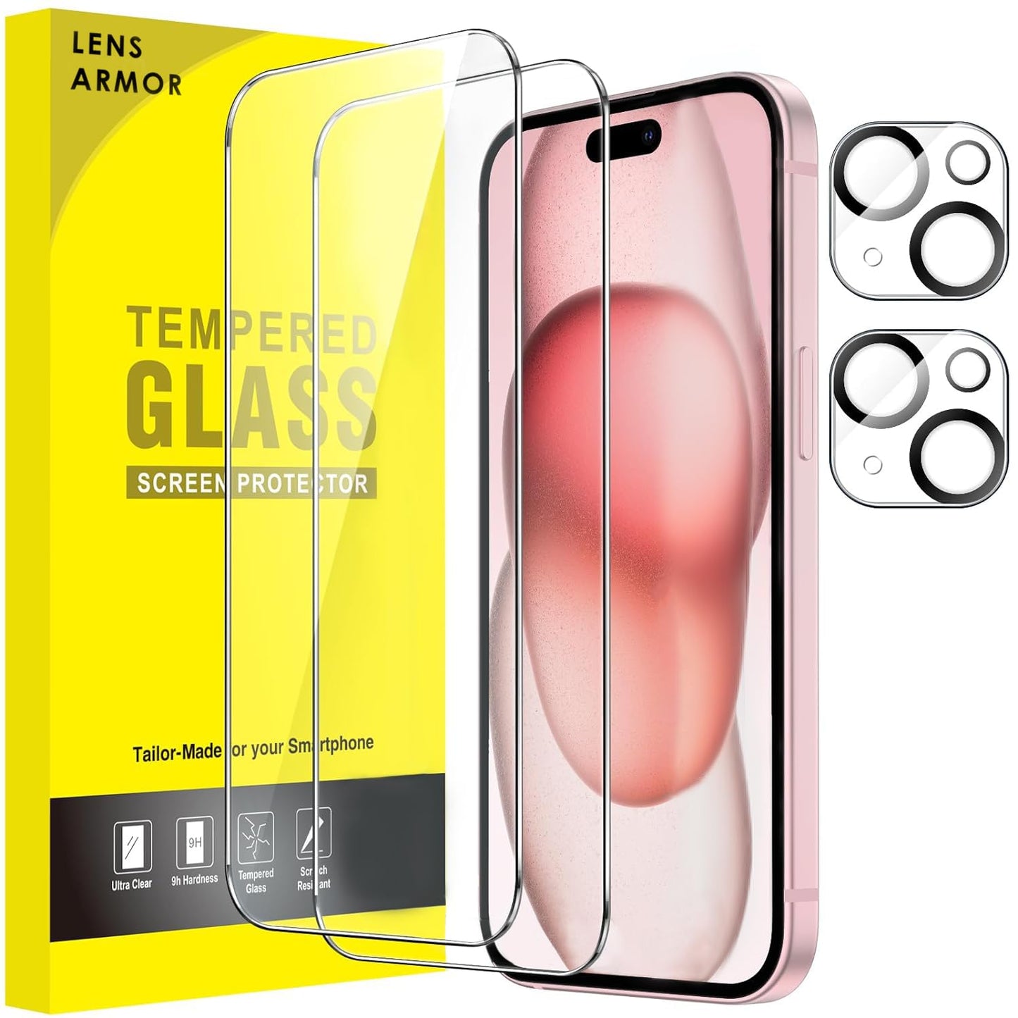 Lensarmor® 2+2 Pack Iphone 15 Tempered Glass Screen Protector With Iphone 15 Camera Lens Protector