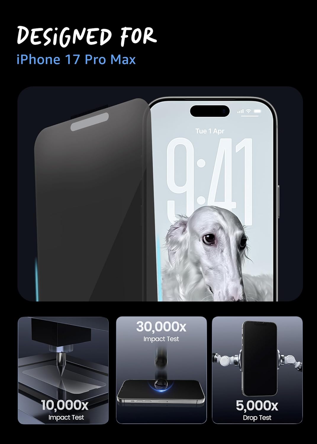 Lensarmor Military Grade Privacy Tempered Glass for iPhone 17 Pro Max (2 pack)– 9H Anti-Spy Screen Protector, Edge Protection
