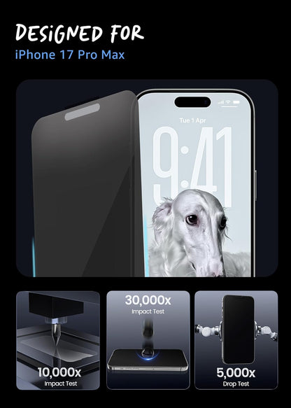 Lensarmor Military Grade Privacy Tempered Glass for iPhone 17 Pro Max (2 pack)– 9H Anti-Spy Screen Protector, Edge Protection
