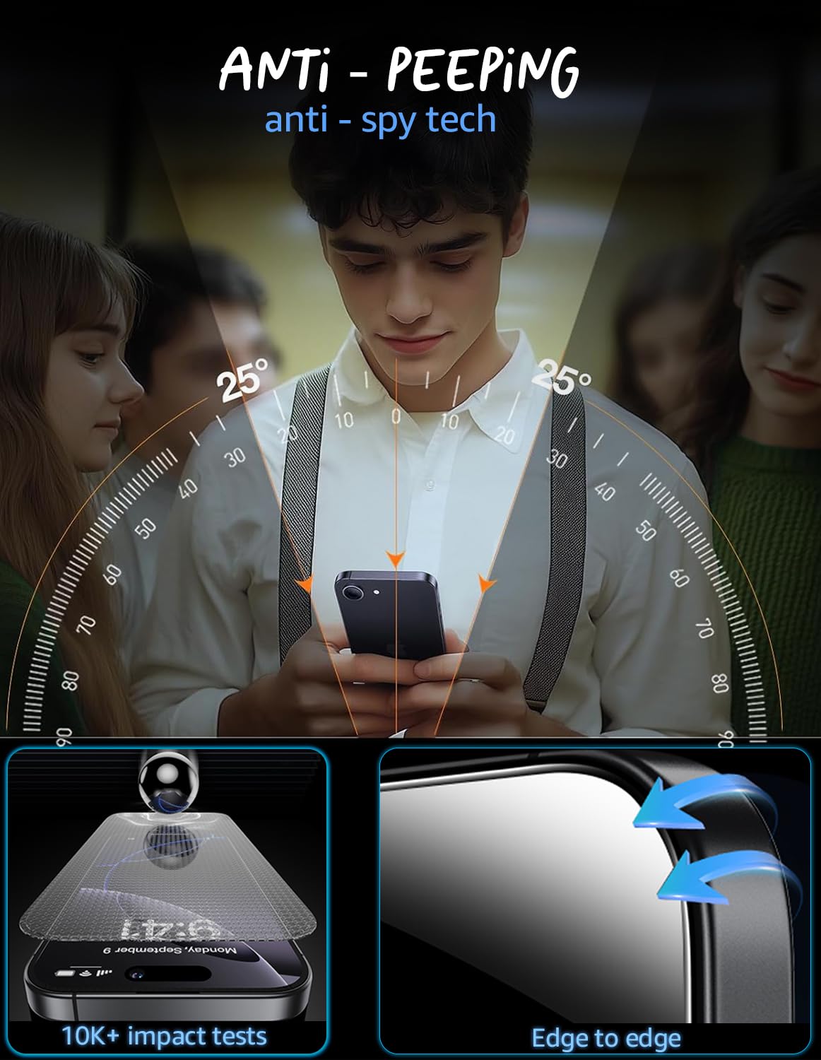 Lensarmor Military Grade Borderless Privacy Tempered Glass for iPhone 17(2 pack) – 9H Anti-Spy Screen Protector, Edge-to-Edge Protection