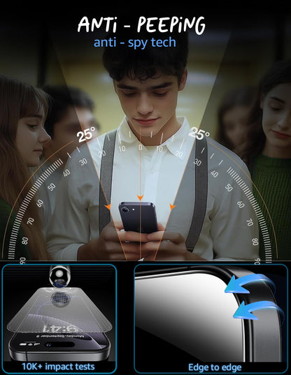 Lensarmor Military Grade Borderless Privacy Tempered Glass for iPhone 17(2 pack) – 9H Anti-Spy Screen Protector, Edge-to-Edge Protection